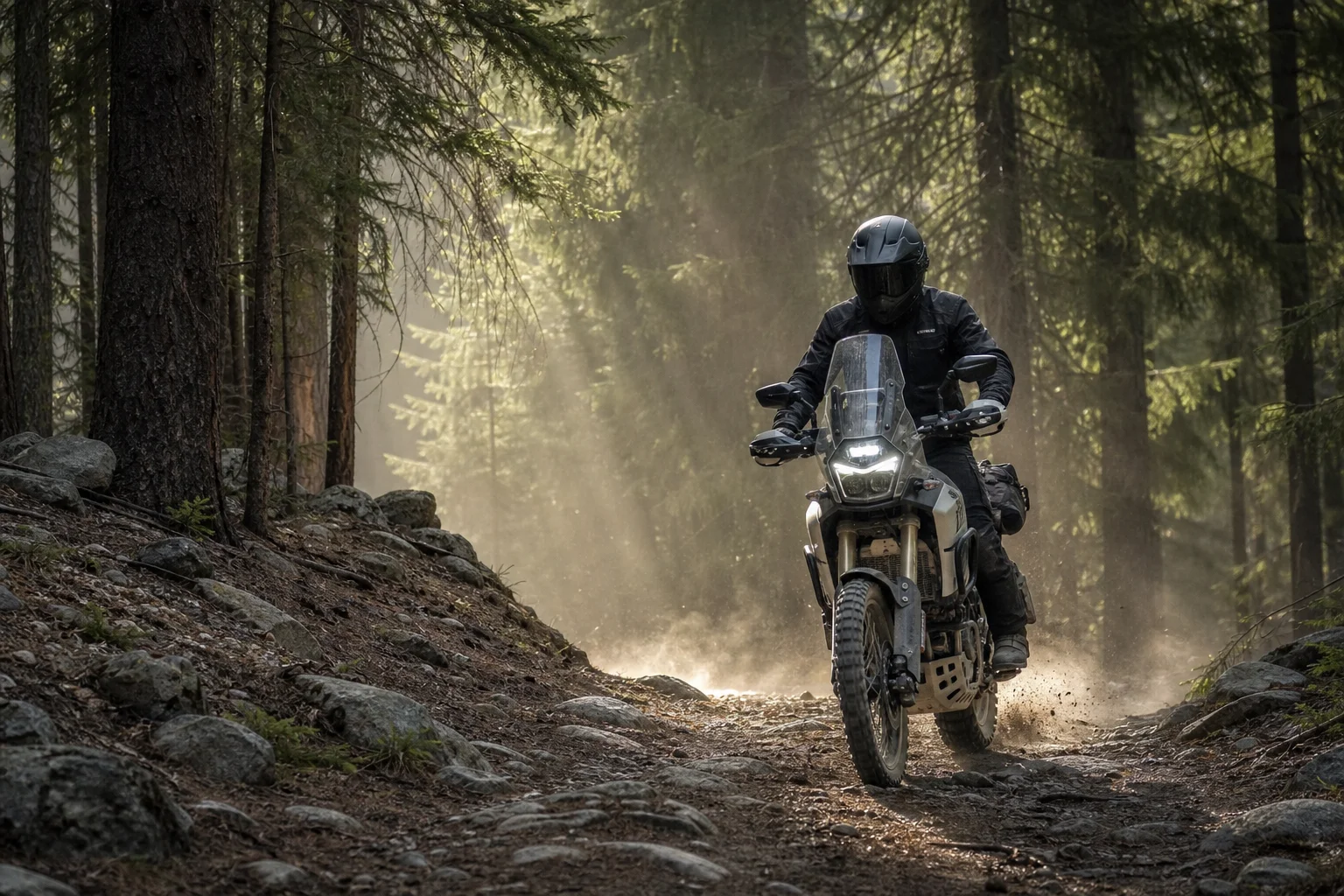 Motard d'aventure roulant sur un sentier en forêt sous la lumière du matin