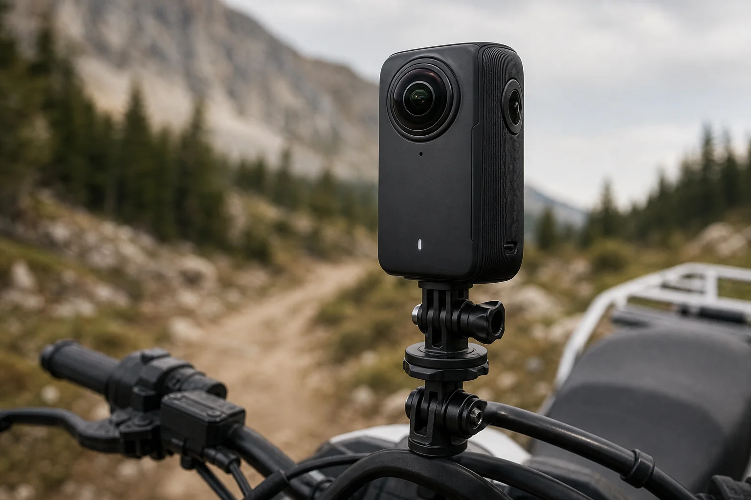 Caméra 360 montée sur le guidon d'une moto avec un paysage de sentier