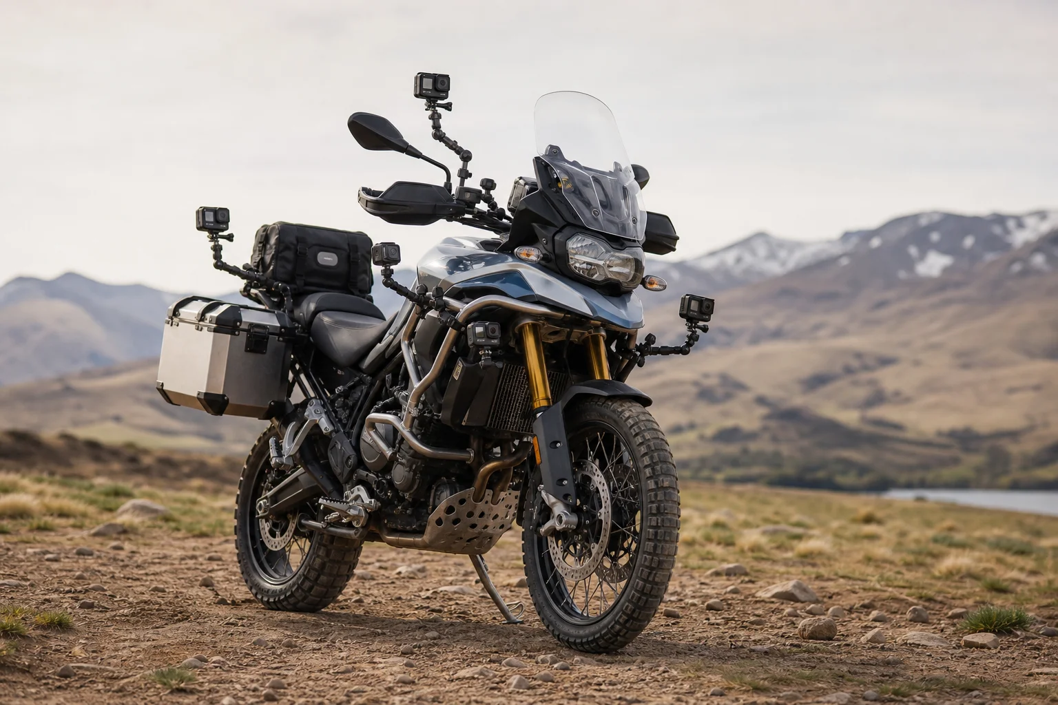 Moto d'aventure avec plusieurs points de fixation de caméra sur les barres de protection