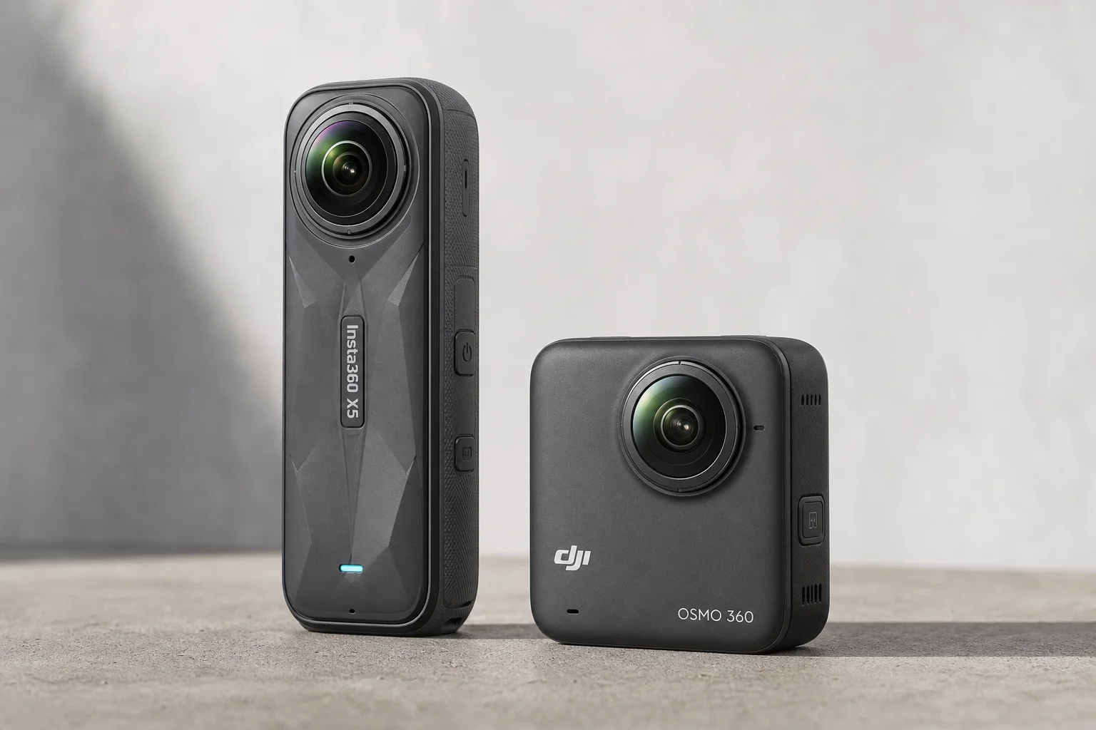 Caméras d'action 360 degrés Insta360 X5 et DJI Osmo 360 posées sur une surface en béton
