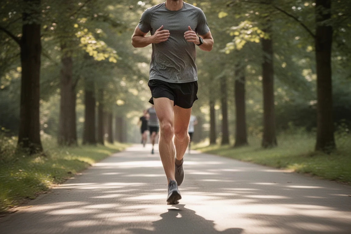 Löpare joggar lugnt längs en stig vid flodkanten på enkla kilometer