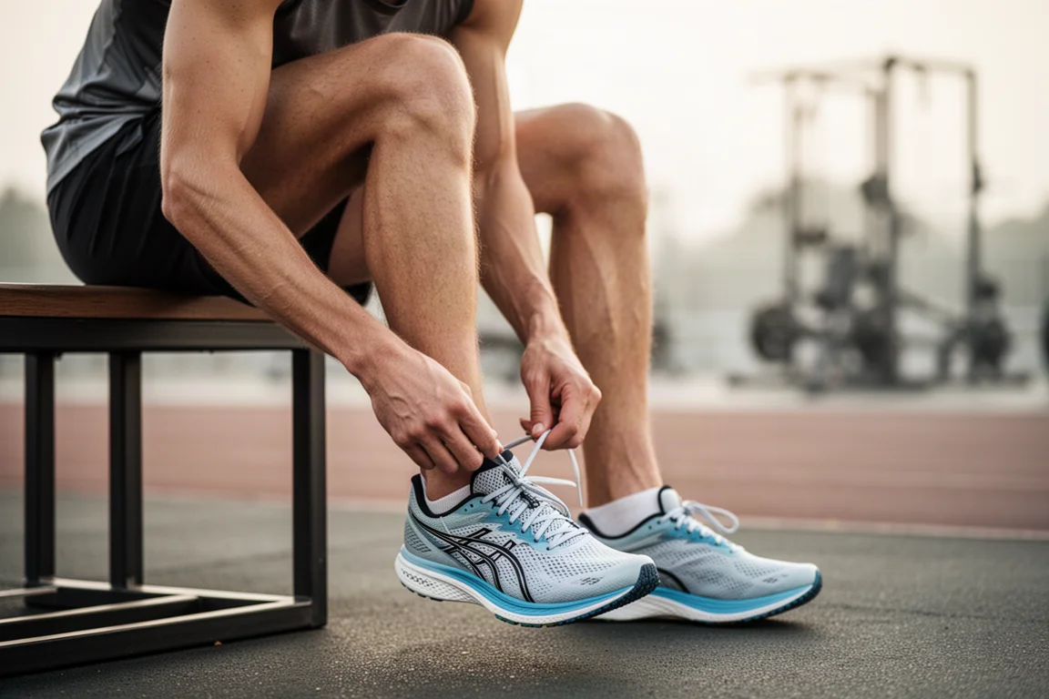 Un coureur lace une chaussure de course légère avant une séance tempo