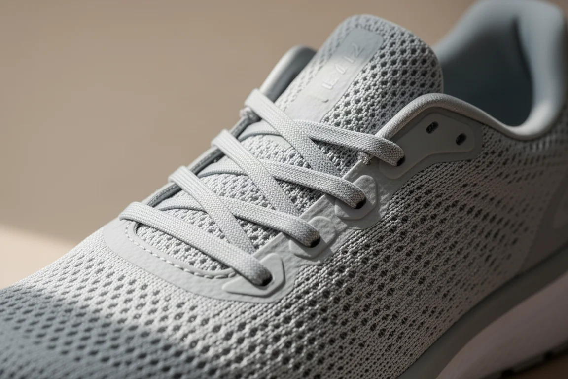 Gros plan sur la tige en mesh technique d'une chaussure de running, texture apparente