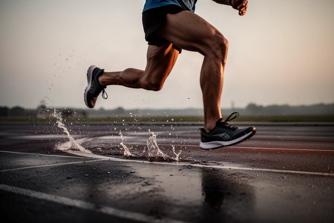 Chaussure de running prenant un virage sur une piste mouillée, à allure soutenue