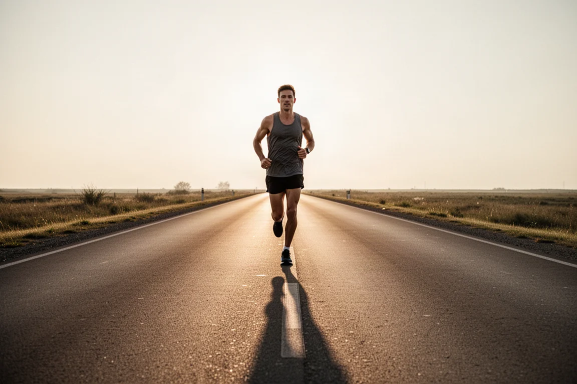 Un coureur termine une longue séance tempo sur une route ouverte