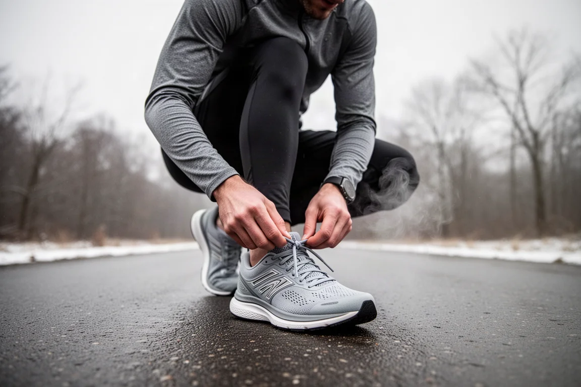 Coureur lacant une chaussure d'entraînement quotidienne amortie sur une route d'hiver calme