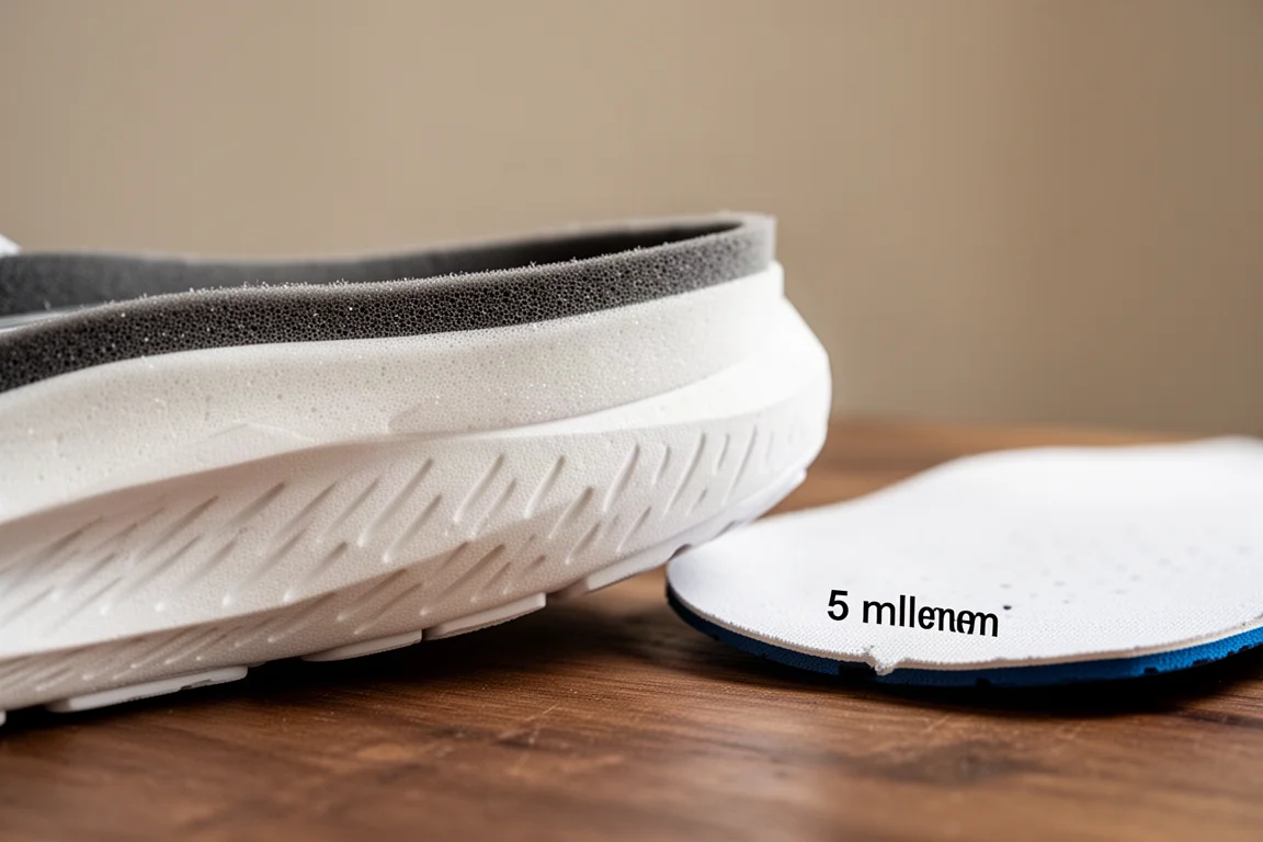Gros plan sur une semelle intermédiaire de chaussure de running multicouche montrant le détail de l'empilement de mousses