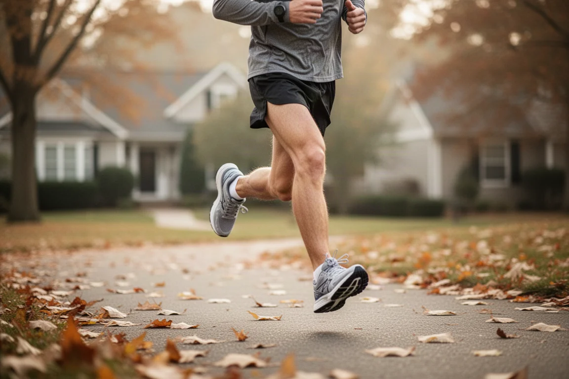 Coureur trottant à une allure tranquille et détendue sur un chemin pavé de feuilles en banlieue