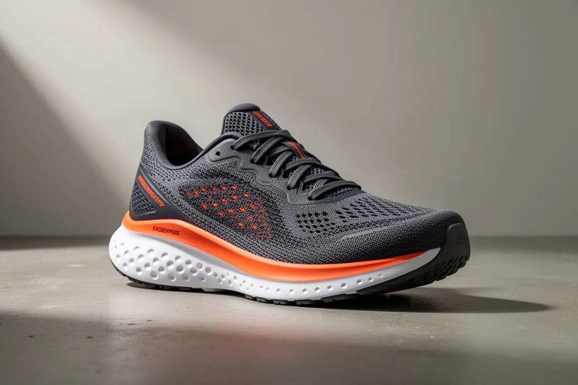 361 Degrees Spire 5 running shoe in grey and orange on a concrete surface