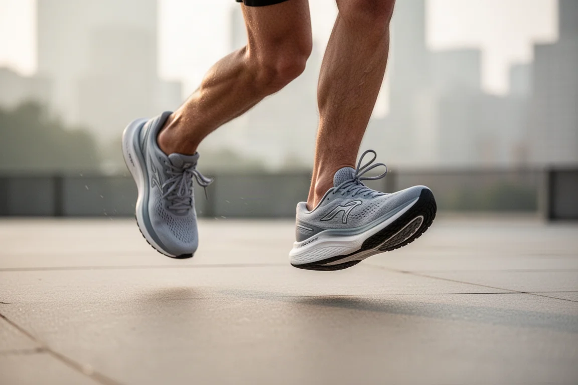 Füße eines Läufers mitten im Schritt auf Asphalt im lockeren Trainingstempo