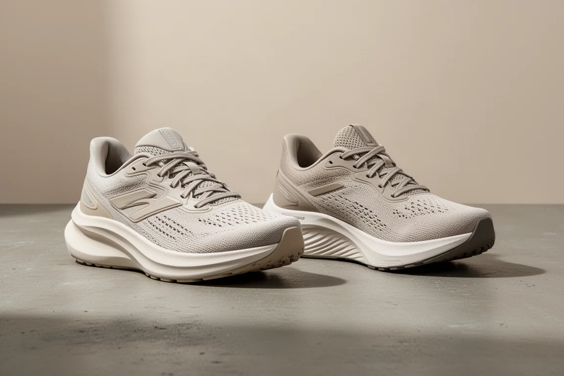 Two cushioned daily running trainers side by side on a concrete surface