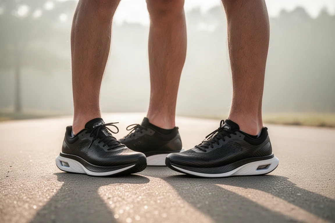 Läufer steht nach einem langen Lauf mit Wettkampfschuhen auf Asphalt
