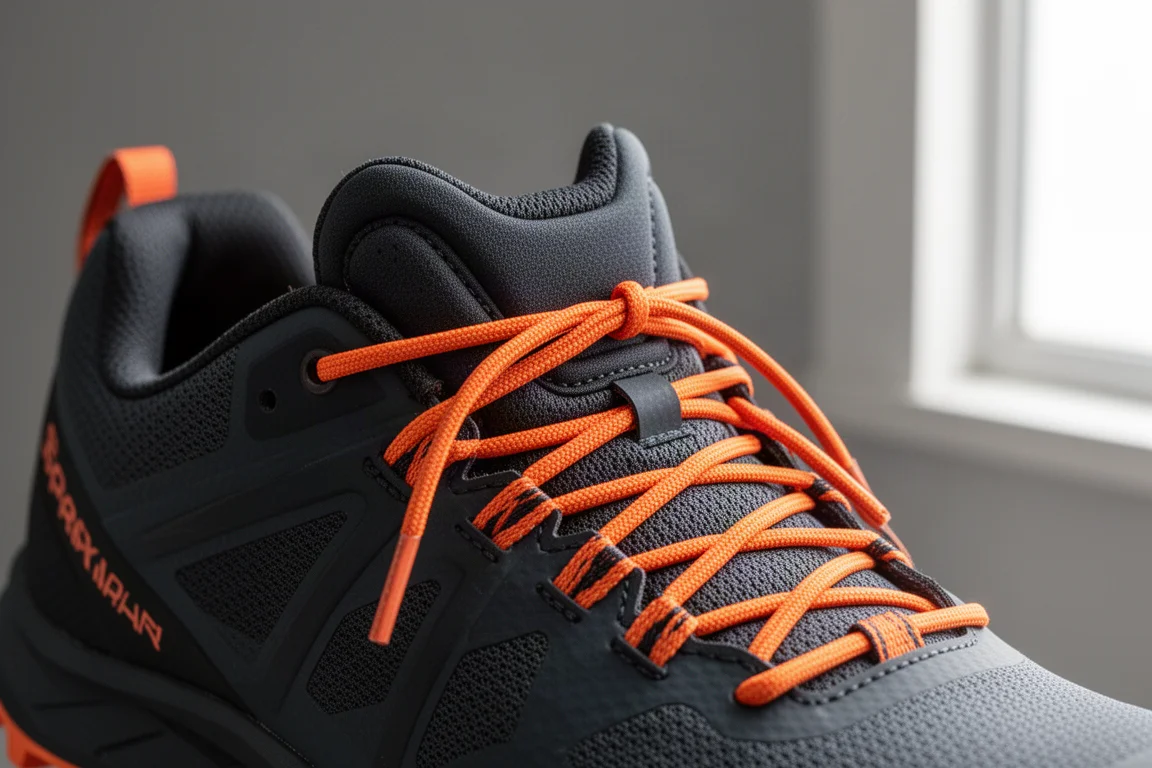 Trail running shoe midfoot showing bright orange lacing cords and gusseted tongue