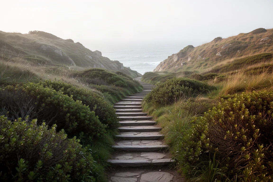 Overgrown coastal trail with steep steps winding through bushes in morning light