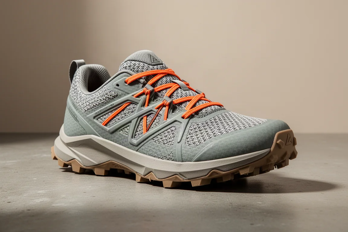 Scarpa da trail running 361 Futura 3 con tomaia tessuta e lacci arancioni su cemento