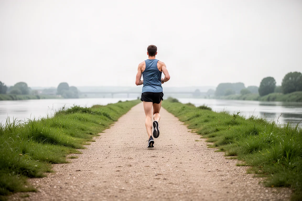 Trailrunner auf flachem, gepflegtem Kiesweg neben einem Fluss bei weichem Tageslicht