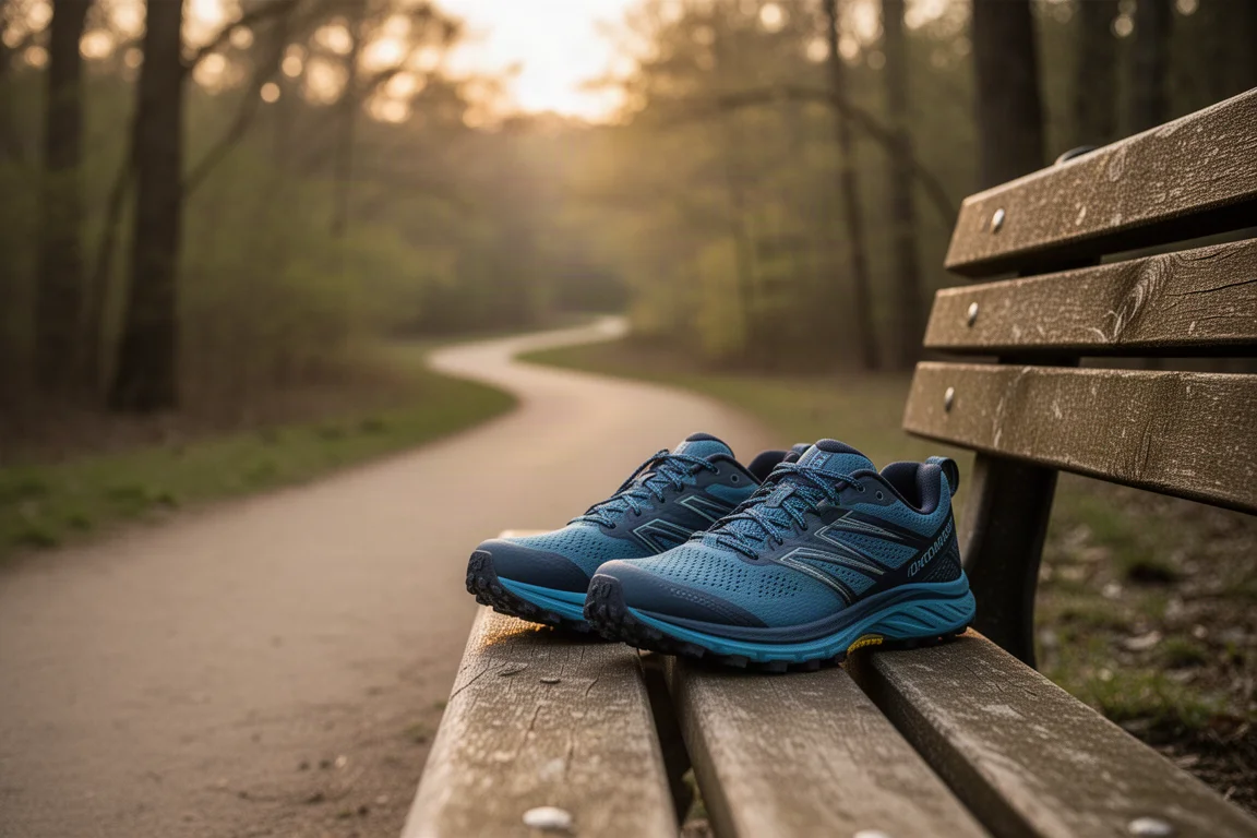 Läufer beim entspannten Pausemachen auf einer Parkbank nach einem lockeren Trailrun