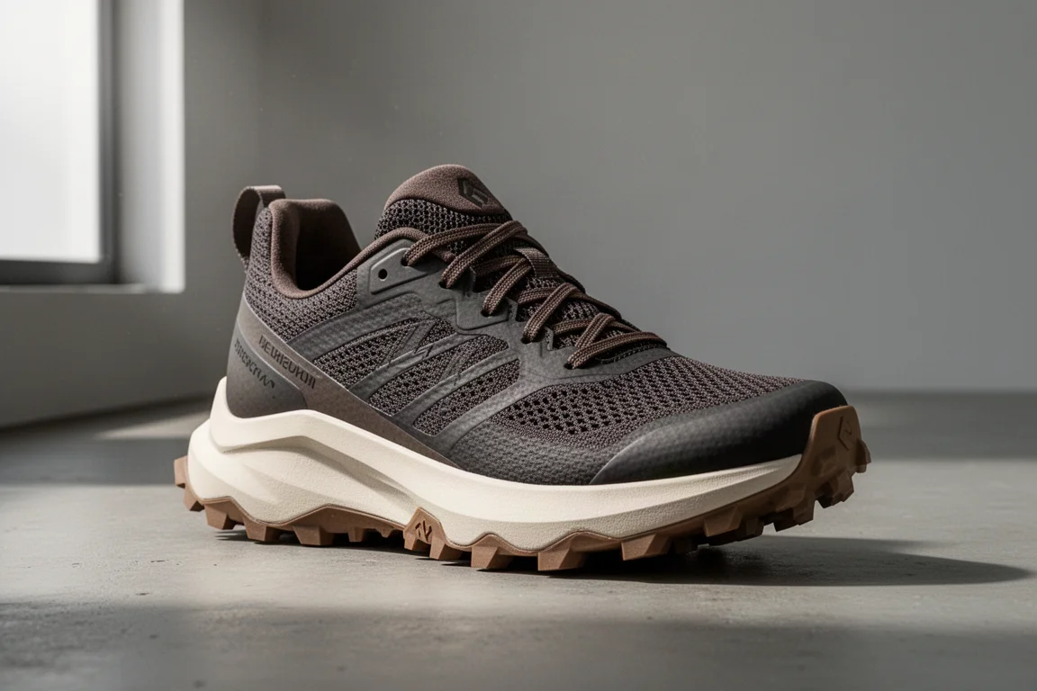 High-stack trail running shoe with thick midsole and lugged outsole on concrete surface