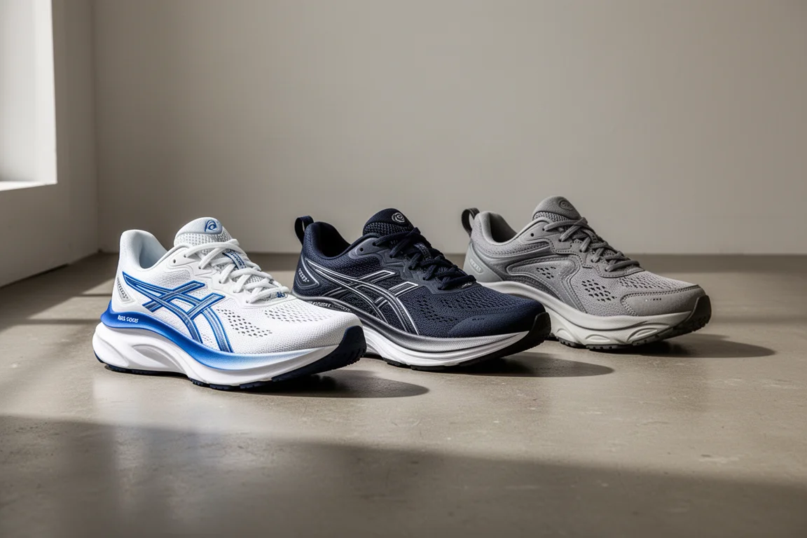 Tre paia di scarpe da running max cushion disposte su un pavimento in cemento da studio