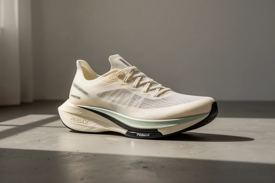 Lightweight cream racing shoe on a matte concrete surface