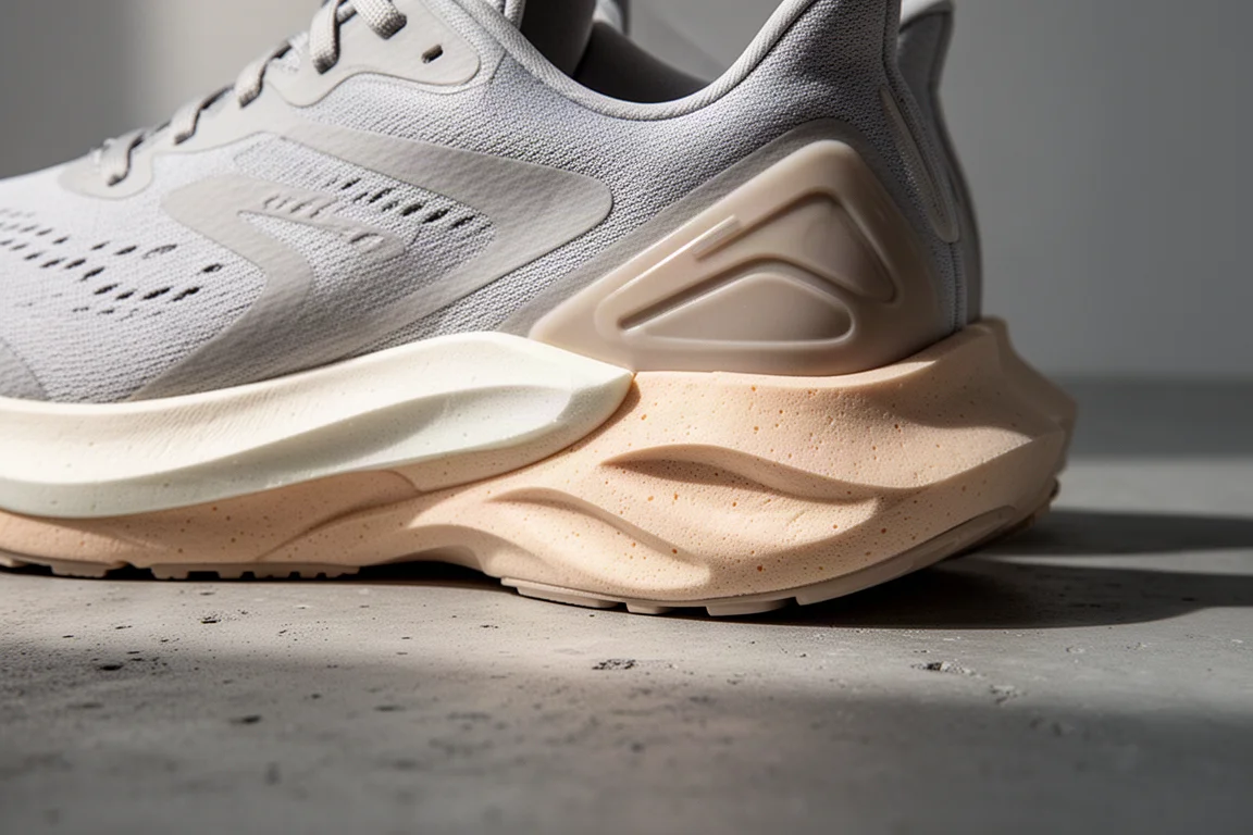 Close-up van de tussenzool van een hardloopschoen met dubbele foamlaag en een gesculpteerd hielprofiel