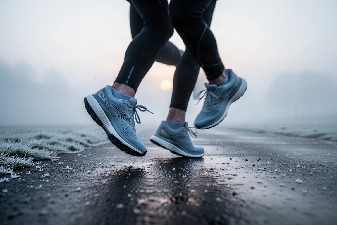 Voeten van een hardloper in gevoede hardloopschoenen op een natte weg met lichte vorst
