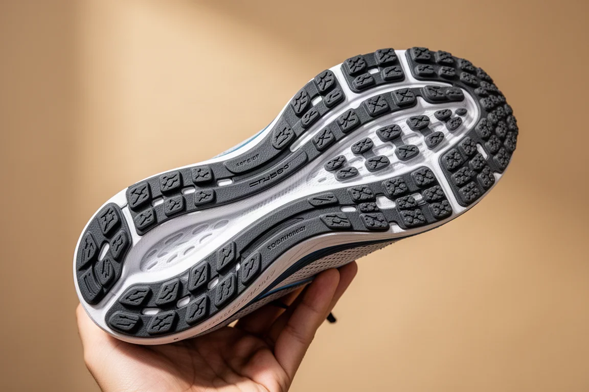 Detail van de buitenzool van een hardloopschoen met rubberbedekking over voorvoet en hiel