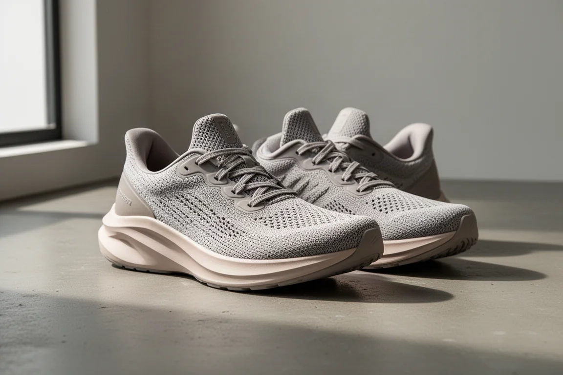 Pair of mid-stack cushioned running shoes on a matte concrete surface