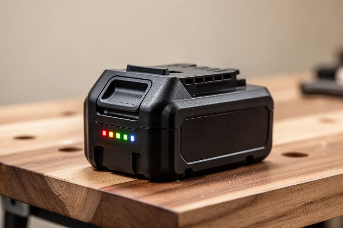 Close-up van een slide-lithium-ion-accupack met laadindicatielampjes