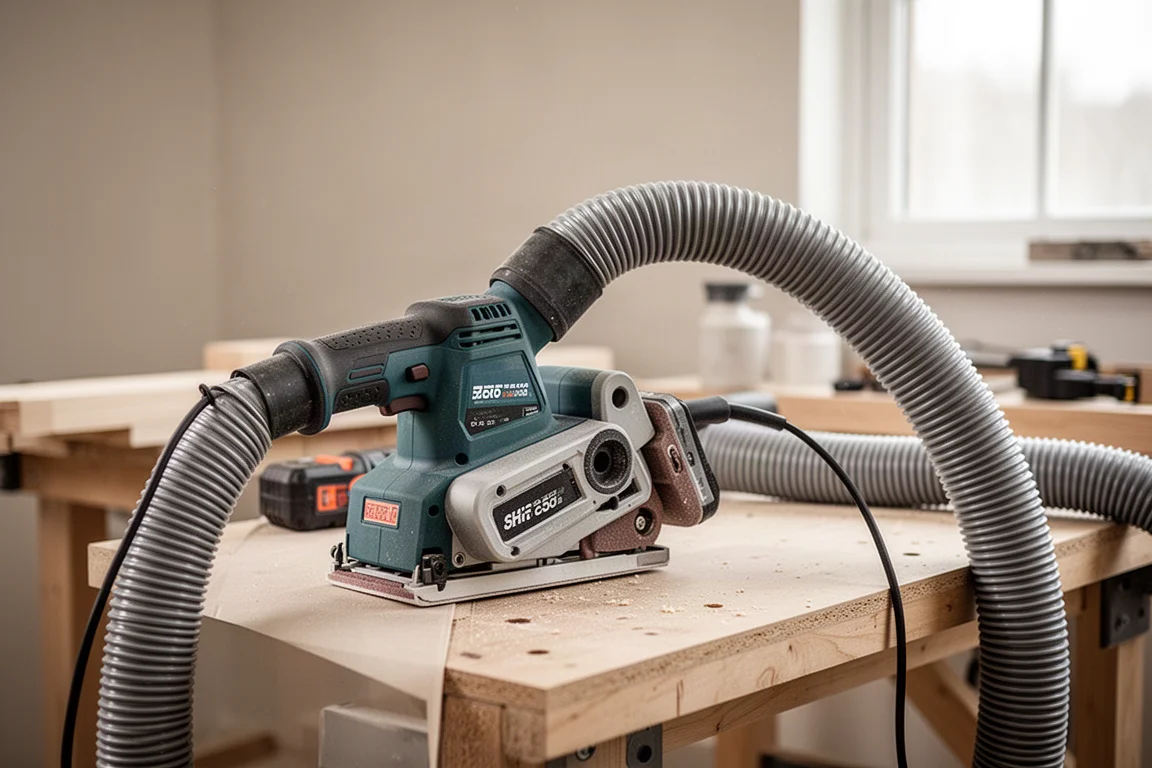 Werkbank met stofafzuigslang verbonden met een bandschuurmachine