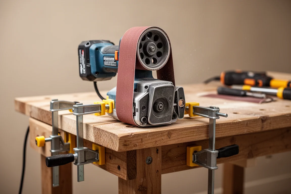 Bandschuurmachine ondersteboven op een bank geklemd in een tafelschuur-configuratie
