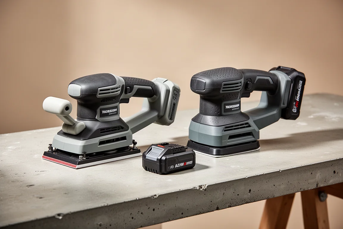 Two cordless belt sanders side by side on a workshop bench with battery packs
