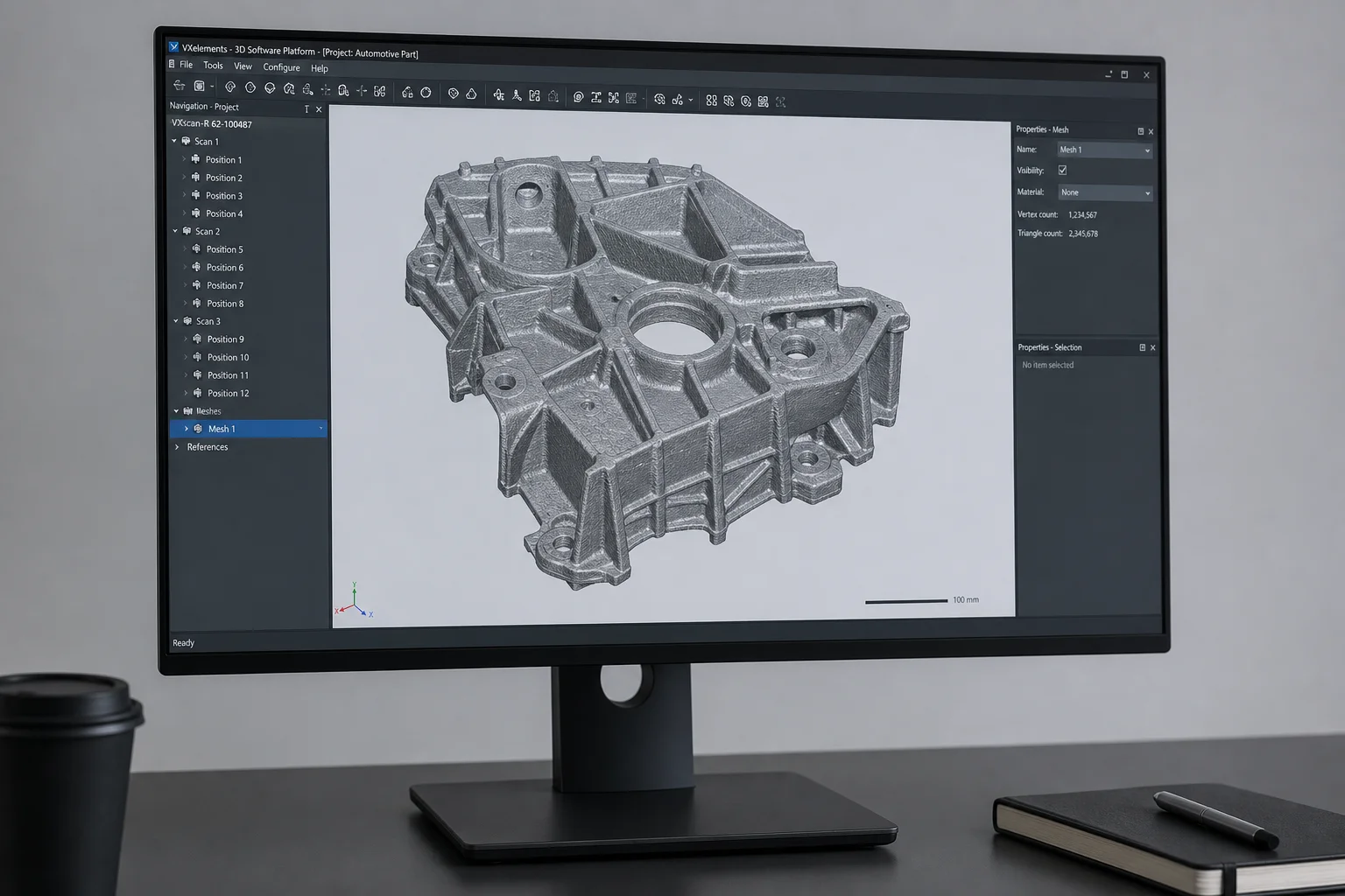 3D-Punktwolken-Mesh auf einem Computermonitor, das die gescannte Geometrie zeigt