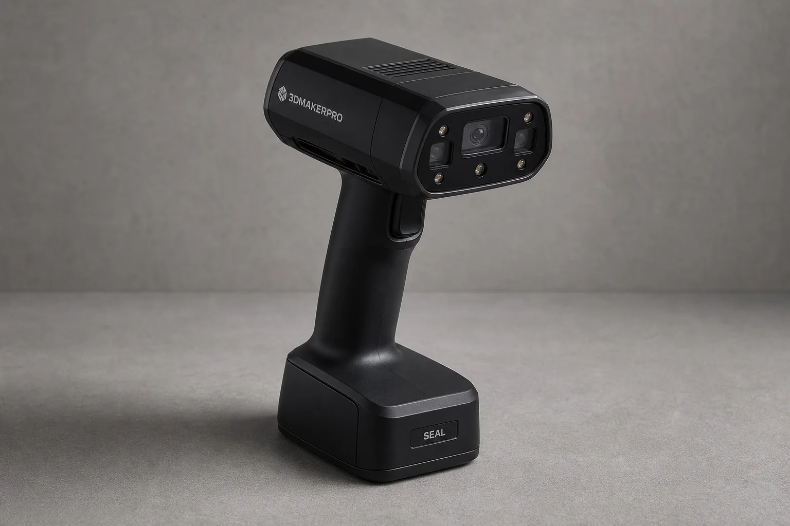 Nine 3D-Scanner auf einer grauen Oberfläche, die Laser-, Infrarot- und strukturierte Light-Modelle zeigen