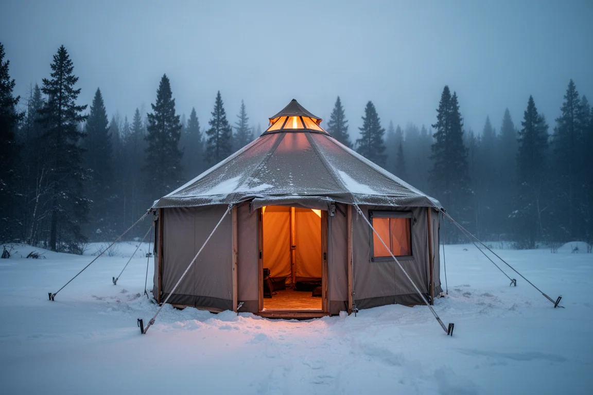 Achteckiges Hot Tent im Schnee bei Dämmerung, warmes Licht fällt aus der offenen Tür