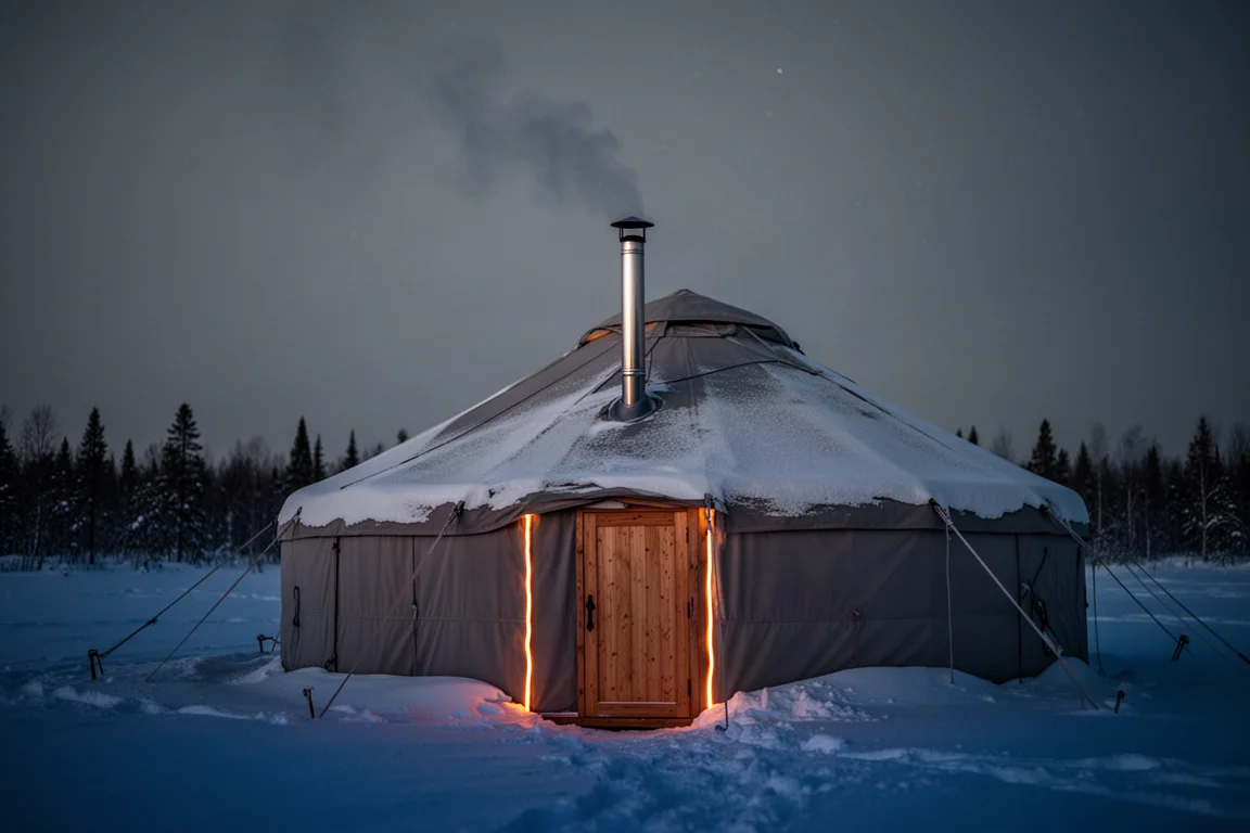 Warmes Leuchten aus dem Kamin eines Hot-Tent-Ofens bei Nacht in verschneiter Landschaft