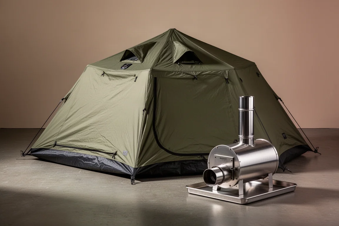 Octagonal olive green hot tent beside a folded stainless steel stove on a concrete floor