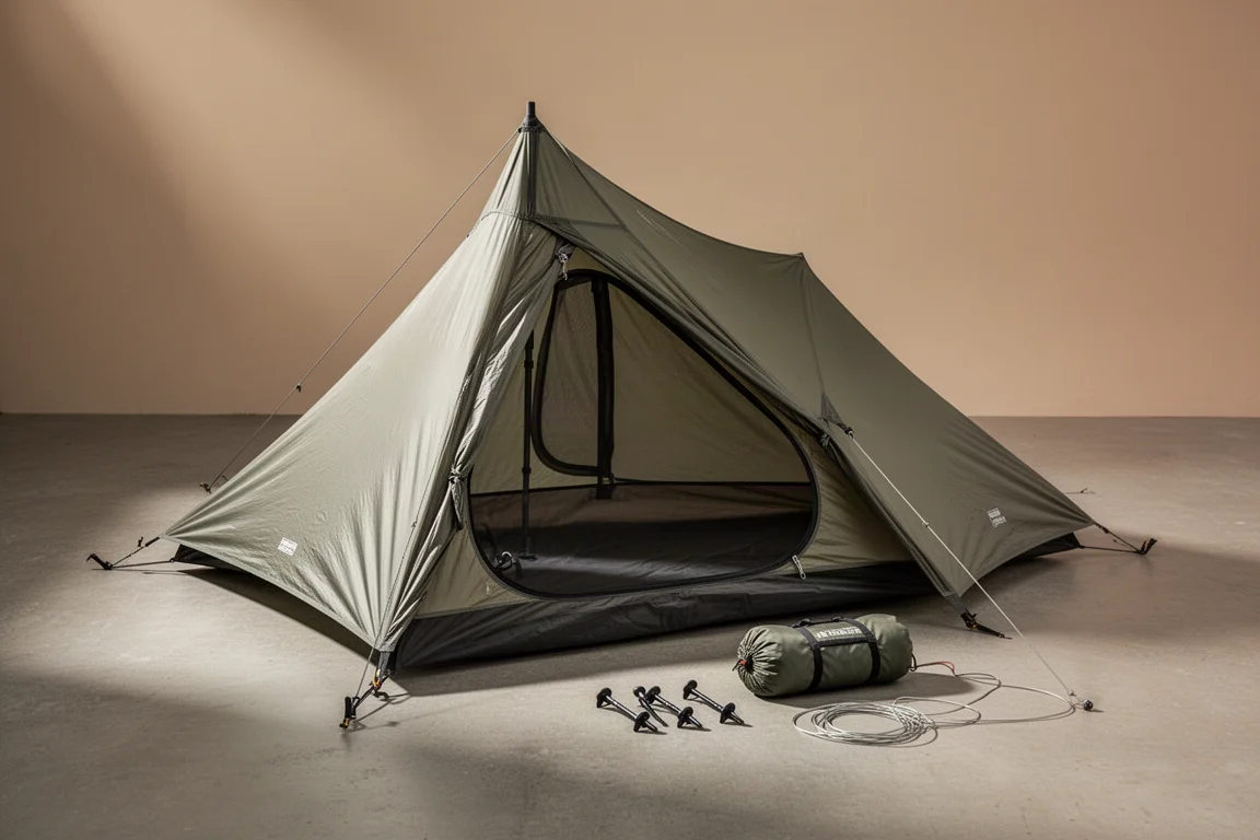 Pitched ultralight trekking pole tent with stuff sack, pegs and guy line on a concrete surface