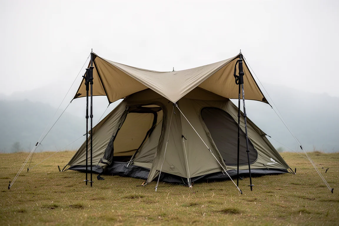 Lightweight sand-brown trekking pole tent pitched on grass with two doors and guy lines