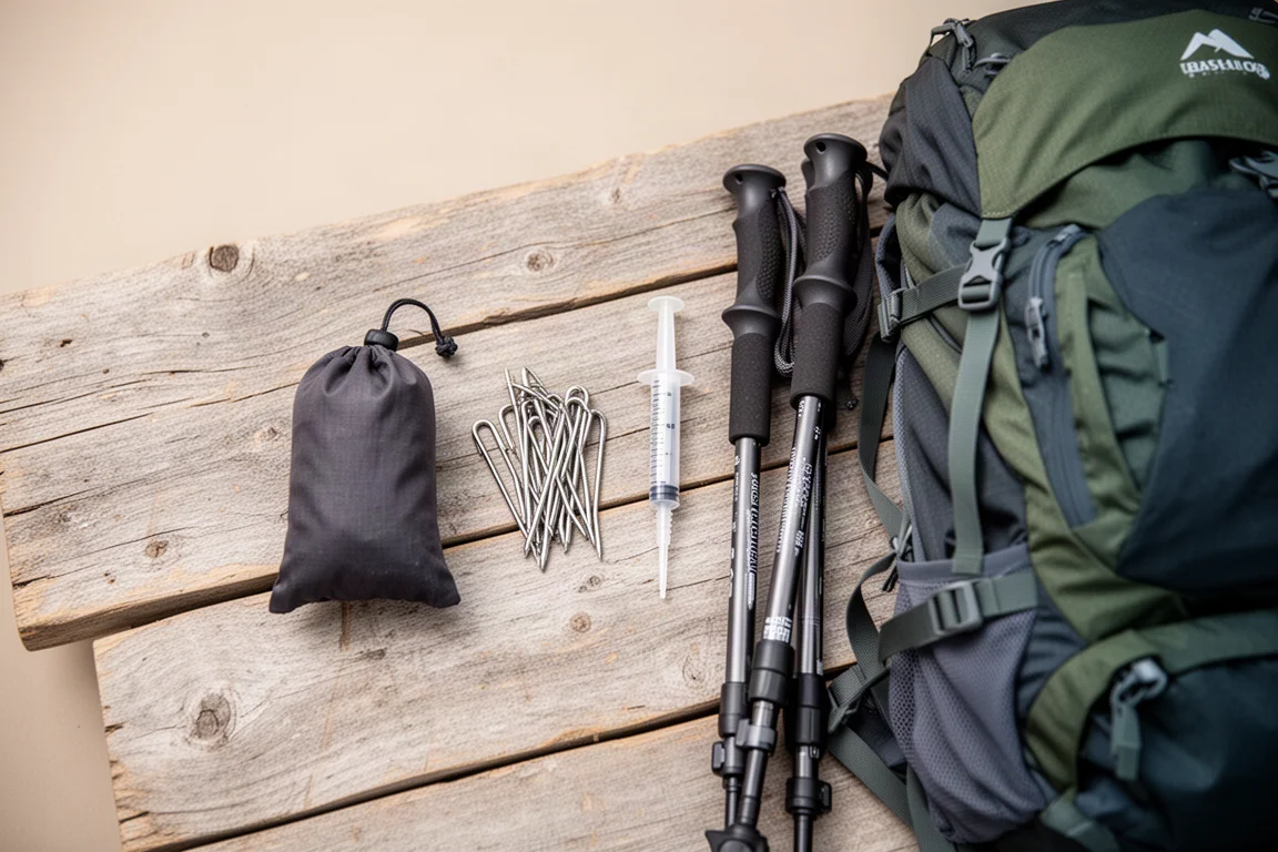 Interior de uma barraca ultralight com bastões de caminhada, colchonete e saco de dormir enrolado