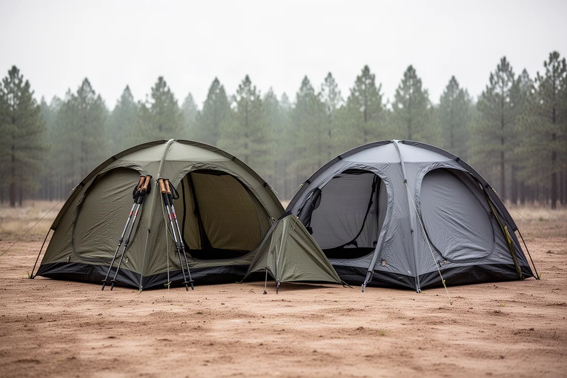 Two trekking-pole backpacking tents pitched side by side on a neutral studio surface