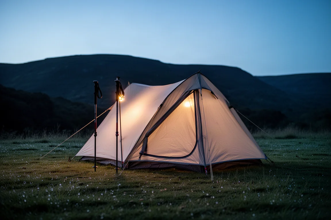 Tält med vandringsstavar upplyst av lampa på en gräsplätt i skymningen