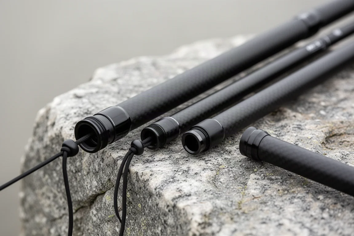Segmentos finos de vara de fibra de carbono sobre granito desgastado com cordão elástico visível