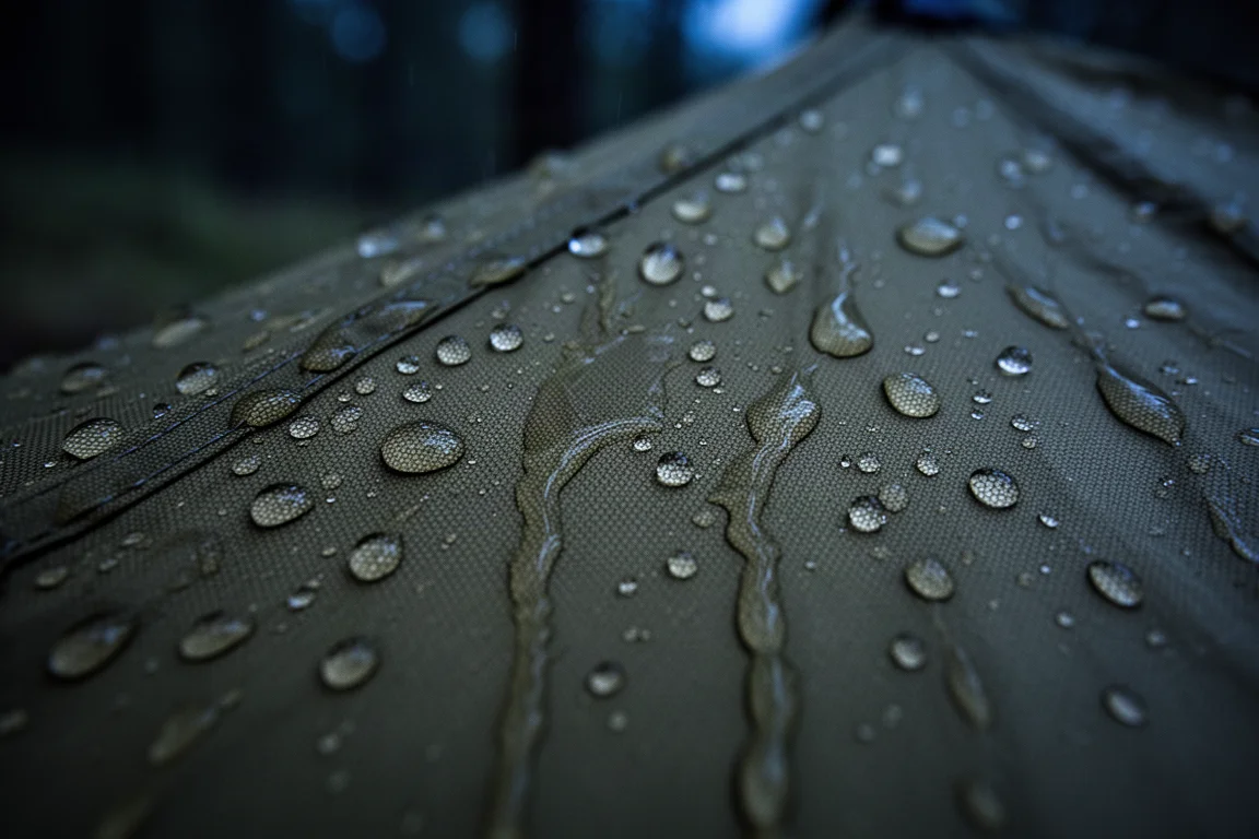 Gotas de chuva se acumulando em tecido de barraca verde-oliva esticado à noite