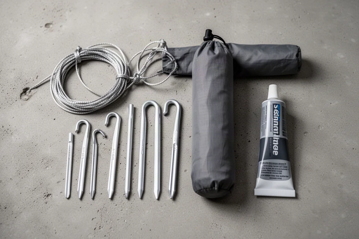 Vista superior de estacas ultralight, cordas de fixação e um pequeno tubo de selante no concreto