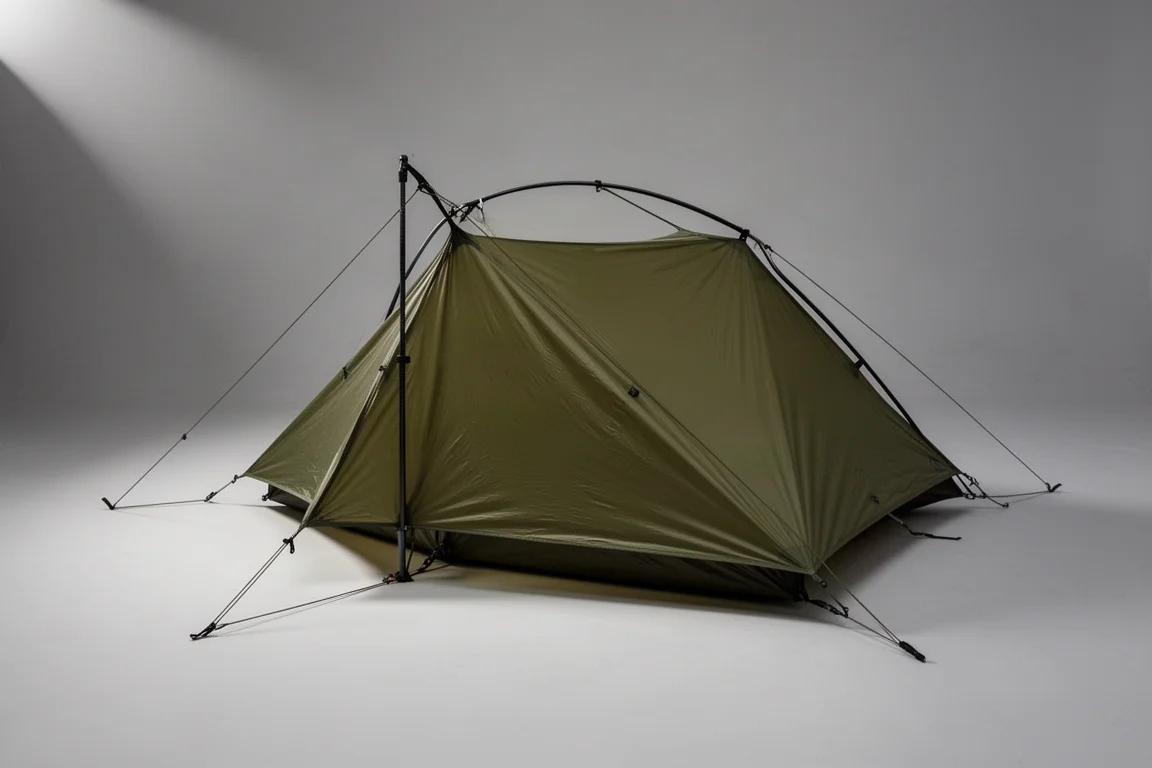 Olive-green one-person ultralight tent with carbon fiber pole on a neutral grey backdrop
