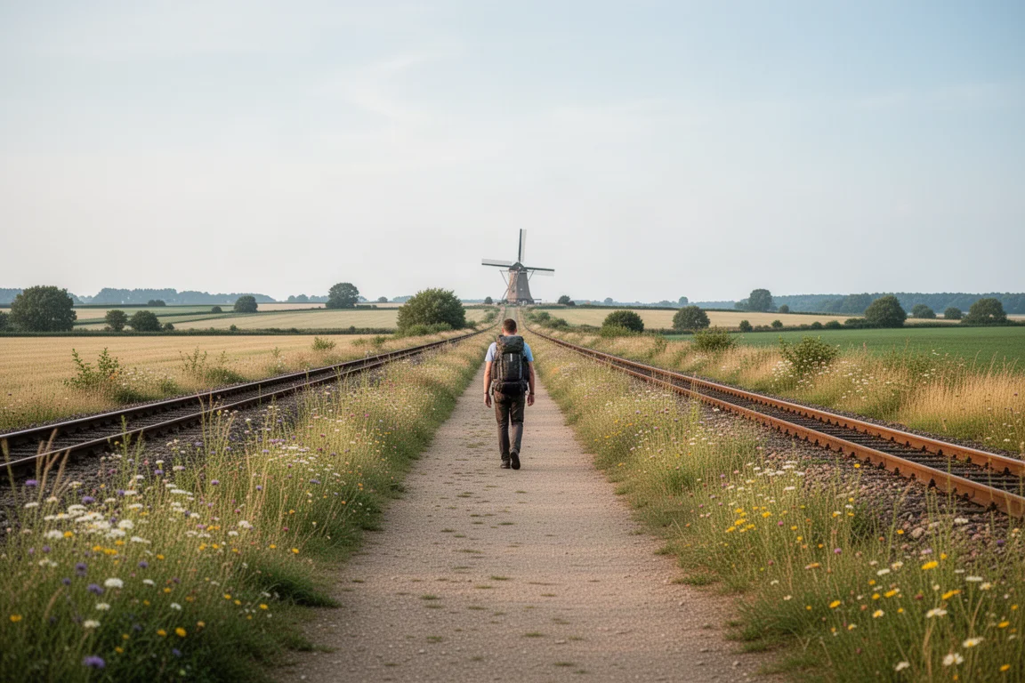 Langeafstandswandelpad door open zomerlandschap met een wandelaar in de verte