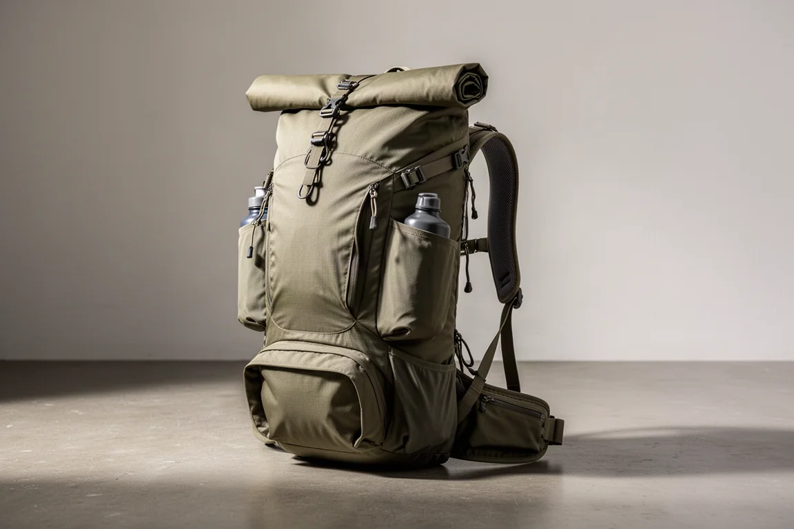 Frameless ultralight hiking backpack with roll-top closure standing on concrete floor