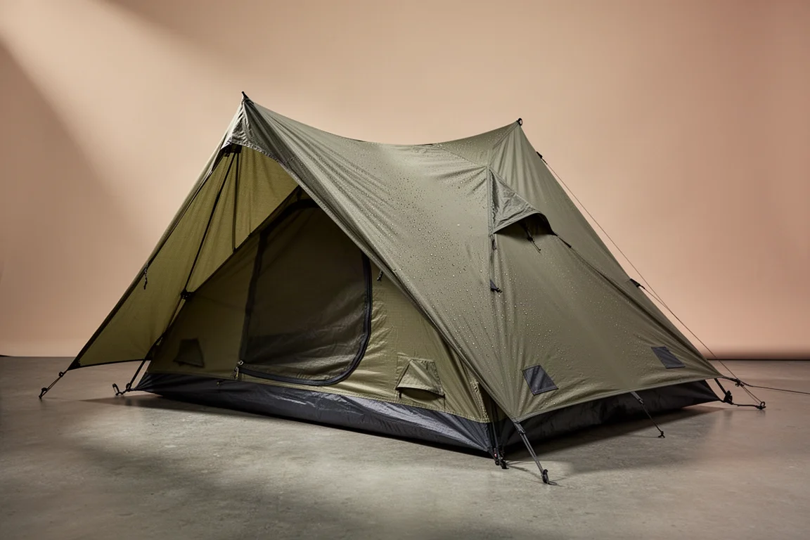 Low-profile two-person tent with attached fly pitched on a neutral studio backdrop