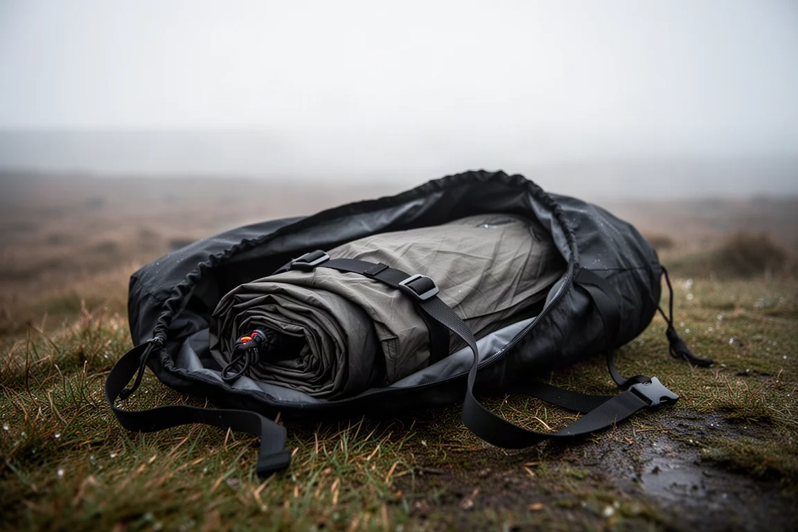 젖은 잔디 위에서 텐트를 반쯤 밀어 넣은 넓게 열리는 텐트 스터프 색